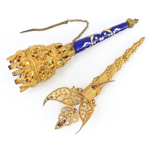 43 - Two 19th century gilt Tussie Mussie posy holders, one enamelled, the largest 12cm high.