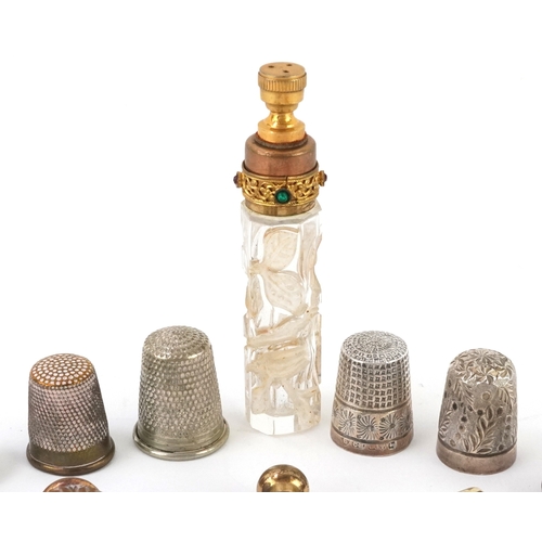 49 - Antique and later sundry items including a rosewater sprinkler, bobbin winder, silver thimbles and a... 