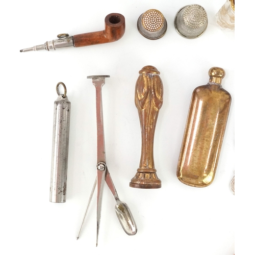 49 - Antique and later sundry items including a rosewater sprinkler, bobbin winder, silver thimbles and a... 