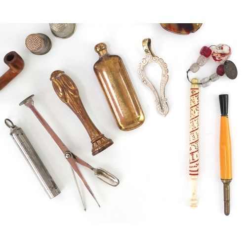 49 - Antique and later sundry items including a rosewater sprinkler, bobbin winder, silver thimbles and a... 
