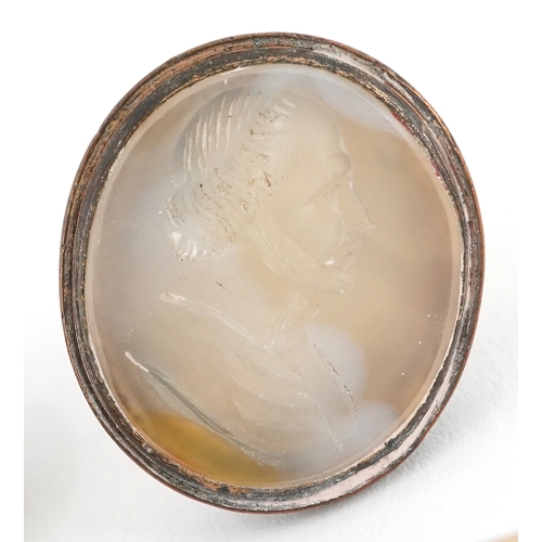 51 - Antique sundry items including an agate intaglio seal fob, a silver Tutankhamun pill box and mother ... 