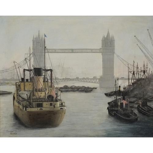 Charles Newman - Moored boats and London Tower Bridge over the Thames, oil on canvas, framed, 49cm x 39cm.
