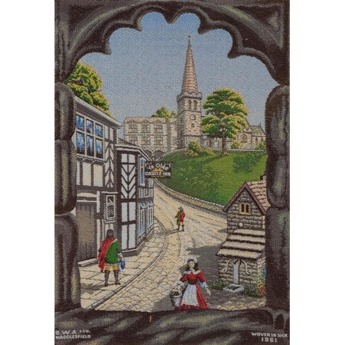 53 - Four mid century B W A Macclesfield woven silk pictures comprising Old Macclesfield, The Gap House a... 