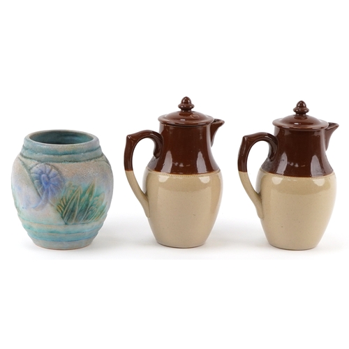 2518 - Bourne Denby Danesby Ware vase and two Langley pottery lidded jugs, the largest 19cm high.