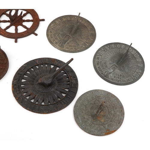 39 - Six Victorian cast iron and other metal sundials, two inscribed Grow Old Along With Me, The Best is ... 