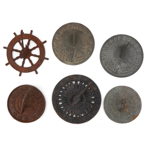39 - Six Victorian cast iron and other metal sundials, two inscribed Grow Old Along With Me, The Best is ... 