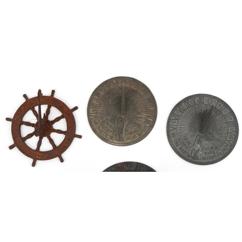39 - Six Victorian cast iron and other metal sundials, two inscribed Grow Old Along With Me, The Best is ... 