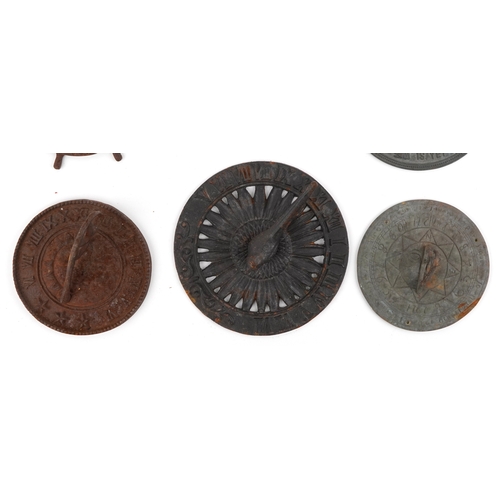 39 - Six Victorian cast iron and other metal sundials, two inscribed Grow Old Along With Me, The Best is ... 