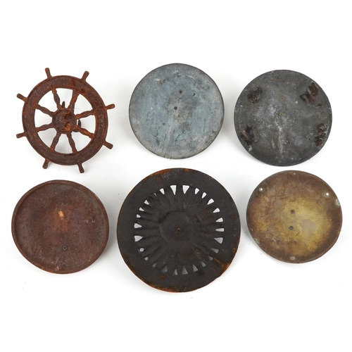 39 - Six Victorian cast iron and other metal sundials, two inscribed Grow Old Along With Me, The Best is ... 