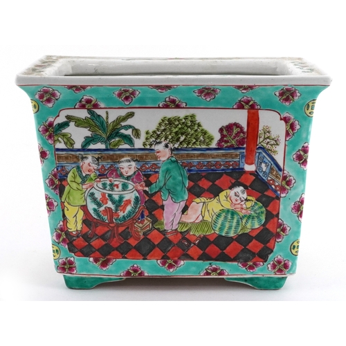 60 - Chinese porcelain flat sided planter hand painted with children playing amongst blossom, 16.5cm H x ... 