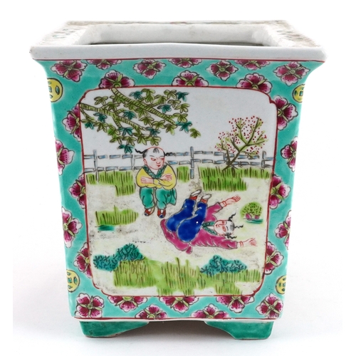 60 - Chinese porcelain flat sided planter hand painted with children playing amongst blossom, 16.5cm H x ... 