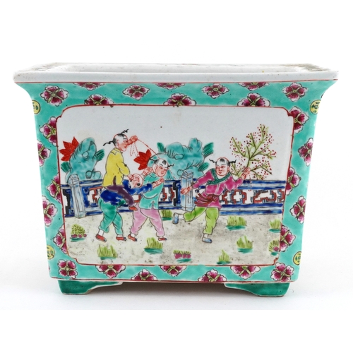 60 - Chinese porcelain flat sided planter hand painted with children playing amongst blossom, 16.5cm H x ... 
