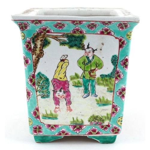 60 - Chinese porcelain flat sided planter hand painted with children playing amongst blossom, 16.5cm H x ... 
