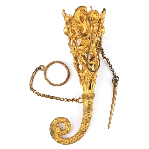 42 - 19th century gilt Tussie Mussie posy holder pierced with birds and foliage, 10cm wide.
