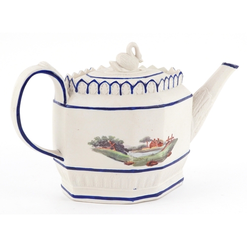 27 - 19th century Castleford Ware feldspathic stoneware teapot hand painted with a countryside landscape,... 