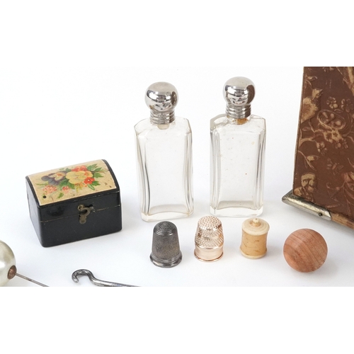 50 - Antique sewing box with bone handled tools, silver handled buttonhook, silver butter knife by Henry ... 