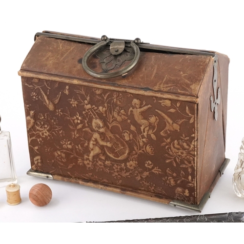 50 - Antique sewing box with bone handled tools, silver handled buttonhook, silver butter knife by Henry ... 