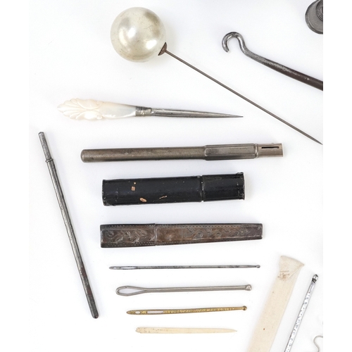 50 - Antique sewing box with bone handled tools, silver handled buttonhook, silver butter knife by Henry ... 