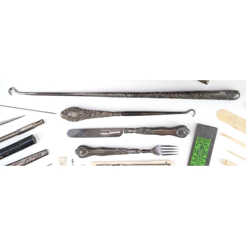 50 - Antique sewing box with bone handled tools, silver handled buttonhook, silver butter knife by Henry ... 