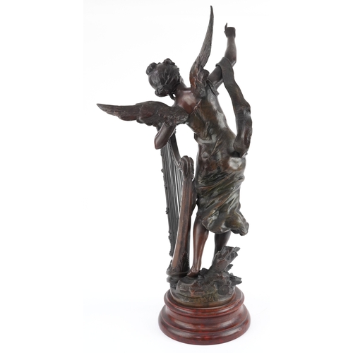 12 - After François Moreau, 19th century bronzed spelter figure of a winged female with harp, entitled L'... 