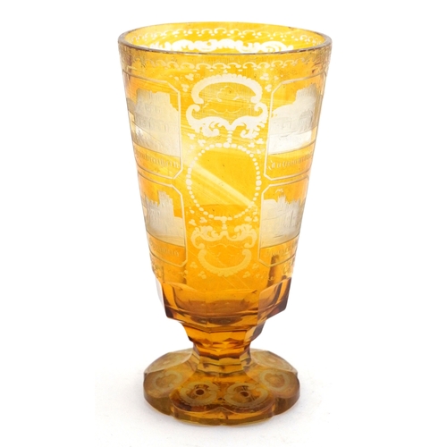 30 - Victorian Bohemian amber glass goblet etched with Rherinstein Castle and four panels of other German... 
