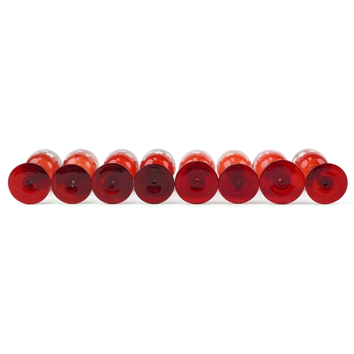 35 - Eight antique Bohemian cranberry glasses etched with grapevines, 15cm high.