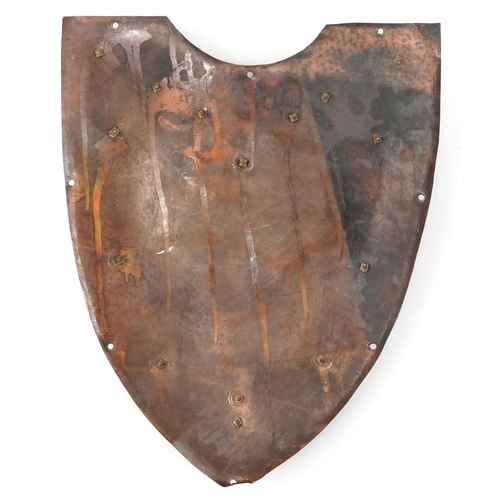 13 - Antique bronzed copper shield plaque applied with the goddess Nike, 47cm high.