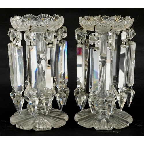 34 - Pair of Victorian glass lustres with drops, 20cm high.