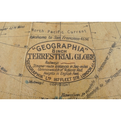 36 - Geographia, vintage eight inch terrestrial table globe with Bakelite stand, 32cm high.