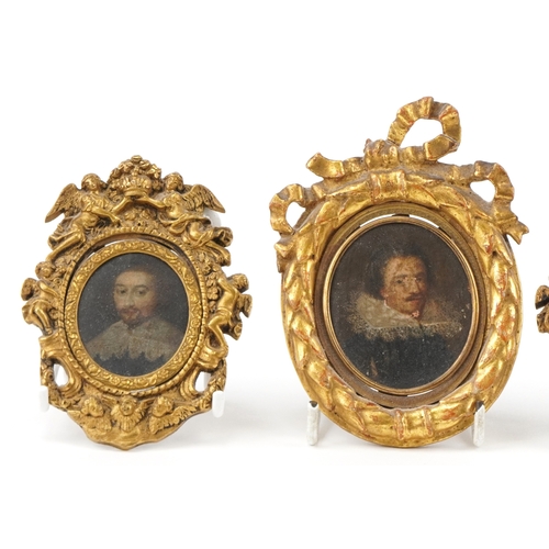 40 - Five antique hand painted oval portrait miniatures onto copper, four with gilt brass frames mounted ... 