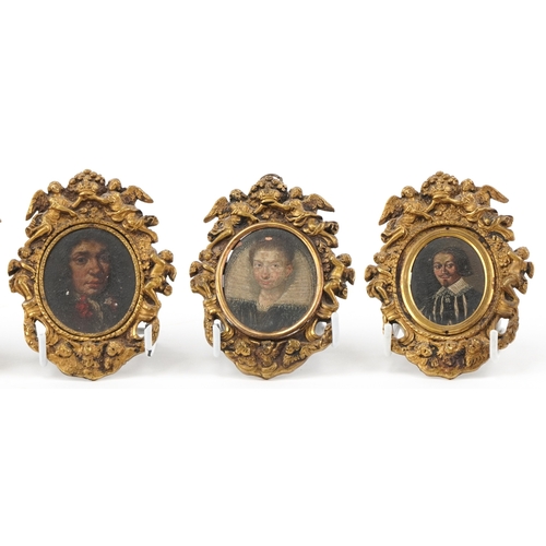 40 - Five antique hand painted oval portrait miniatures onto copper, four with gilt brass frames mounted ... 