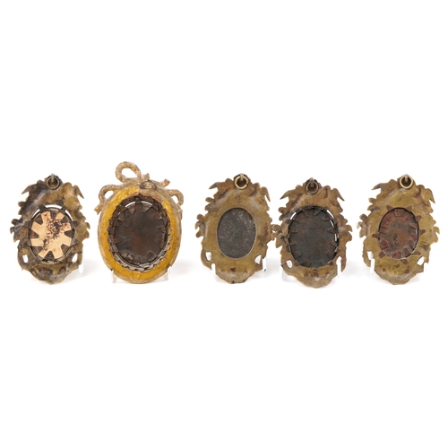 40 - Five antique hand painted oval portrait miniatures onto copper, four with gilt brass frames mounted ... 