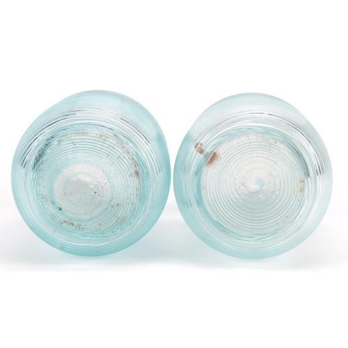 33 - Pair of Victorian pale blue glass beaker vases, circa 1880, each with a wave form frilly rim, otherw... 
