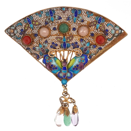 Chinese silver gilt multi gem and enamel fan brooch, including amethyst and green stone, tests as jade, 7.2cm high, 16.4g.