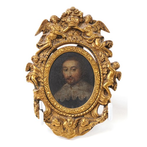 40 - Five antique hand painted oval portrait miniatures onto copper, four with gilt brass frames mounted ... 