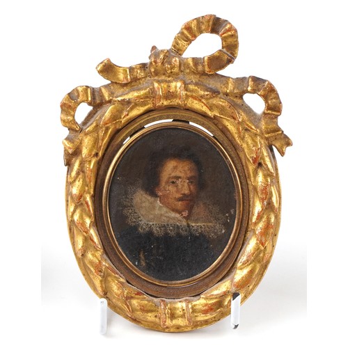 40 - Five antique hand painted oval portrait miniatures onto copper, four with gilt brass frames mounted ... 