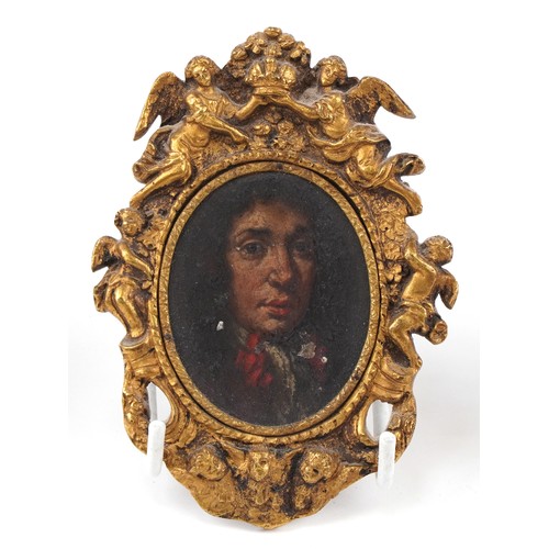 40 - Five antique hand painted oval portrait miniatures onto copper, four with gilt brass frames mounted ... 