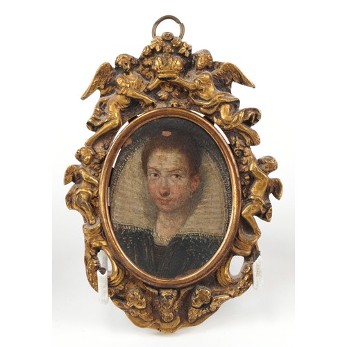 40 - Five antique hand painted oval portrait miniatures onto copper, four with gilt brass frames mounted ... 