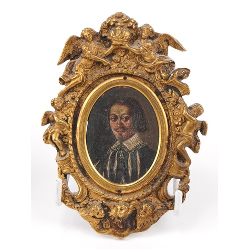 40 - Five antique hand painted oval portrait miniatures onto copper, four with gilt brass frames mounted ... 