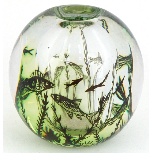 27 - Edward Hald for Orrefors, Swedish glass paperweight/vase internally decorated with fish, signed to t... 