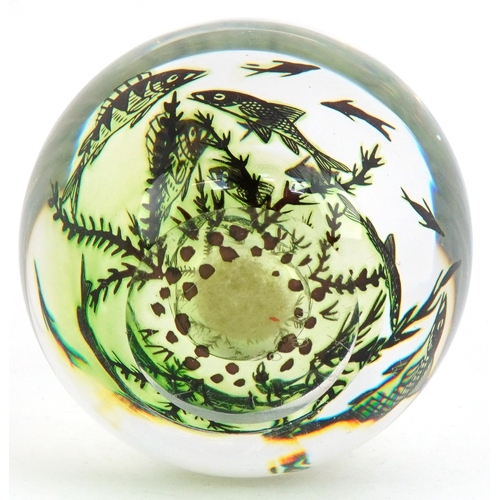 27 - Edward Hald for Orrefors, Swedish glass paperweight/vase internally decorated with fish, signed to t... 