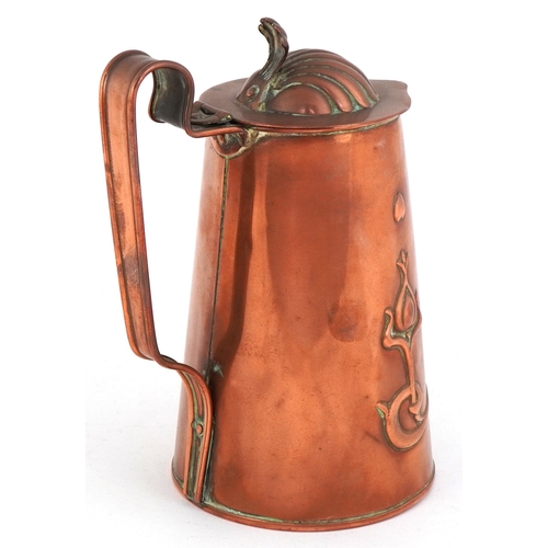 255 - Joseph Sankey & Sons Art Nouveau copper tankard with repoussé tulip decoration, 17cm high.
