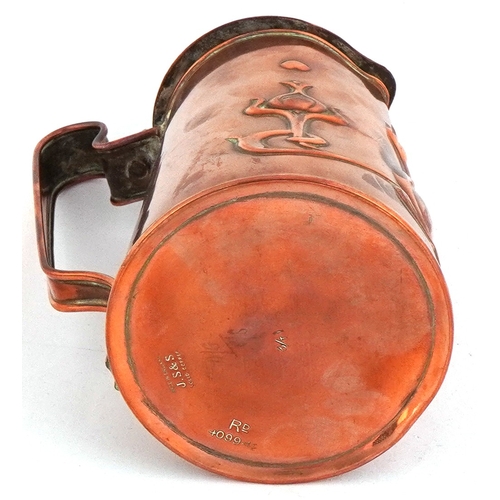 255 - Joseph Sankey & Sons Art Nouveau copper tankard with repoussé tulip decoration, 17cm high.