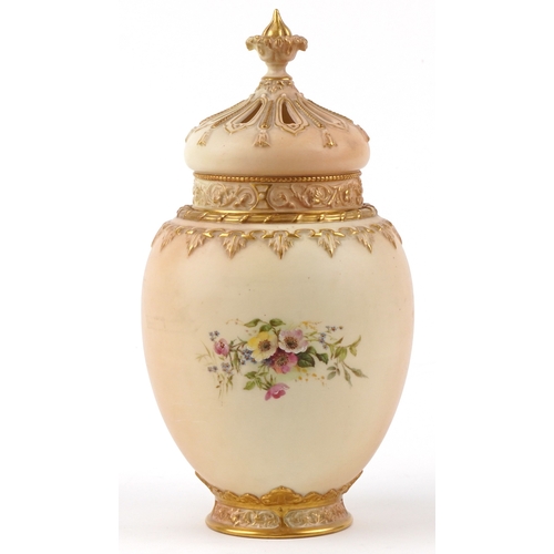 1 - Victorian Royal Worcester blush ivory porcelain pot pourri vase with overpainted floral decoration a... 