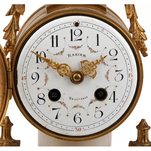 205 - French Ravier gilt metal and marble three piece clock garniture, the enamelled dial with Arabic nume... 