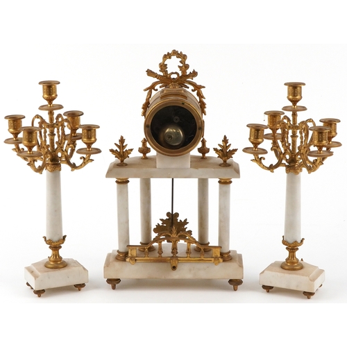 205 - French Ravier gilt metal and marble three piece clock garniture, the enamelled dial with Arabic nume... 