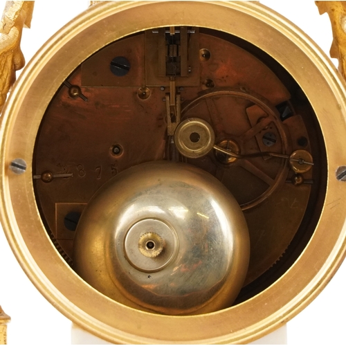 205 - French Ravier gilt metal and marble three piece clock garniture, the enamelled dial with Arabic nume... 