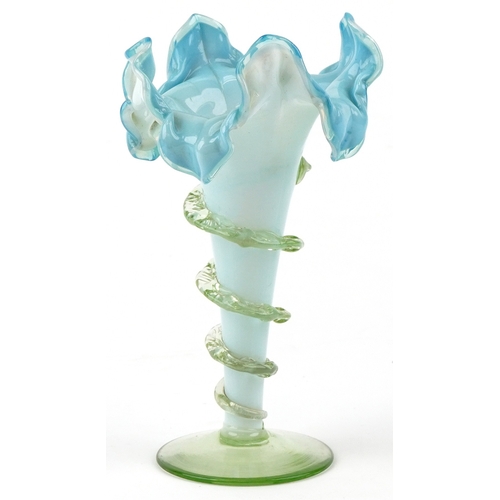 277 - Victorian Jack in the pulpit vaseline glass vase, 18cm high.