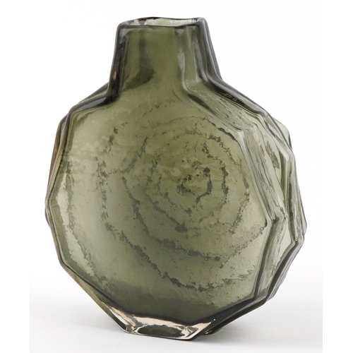 26 - Geoffrey Baxter for Whitefriars, textured glass banjo vase in willow green, pattern 9681, 32cm high.