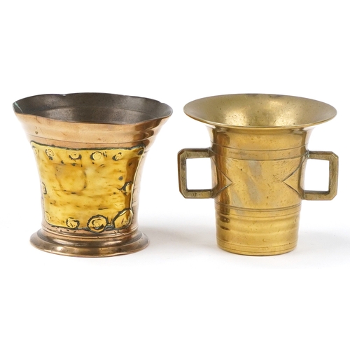 131 - Two antique bronze mortars, the largest 9cm high x 10cm in diameter.